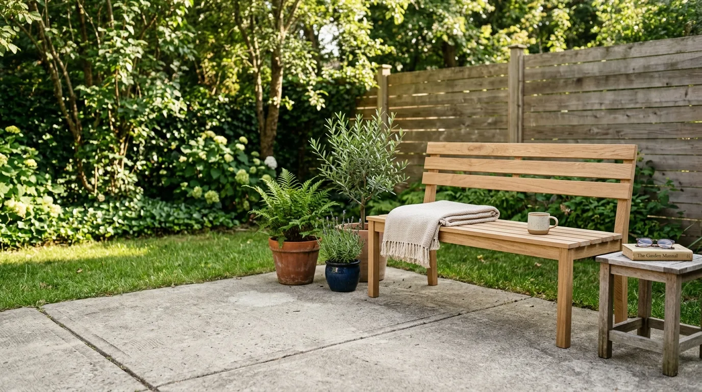 Concrete Patio with Wooden Bench